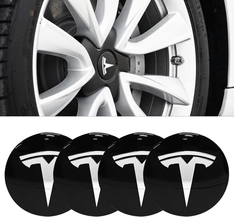 Knomix 4 Pack Aluminum Waterproof Wheel Cover Center Emblem Sticker for Tesla Model 3 Model Y 56mm Hubcaps Wheel Rim Cover (Glossy Black Background+White Emblem) - Image 3